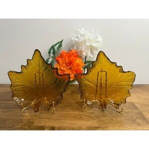 Vintage Amber Glass Leaf Dishes Pressed‎ Glass Autumn Fall Serving Plates